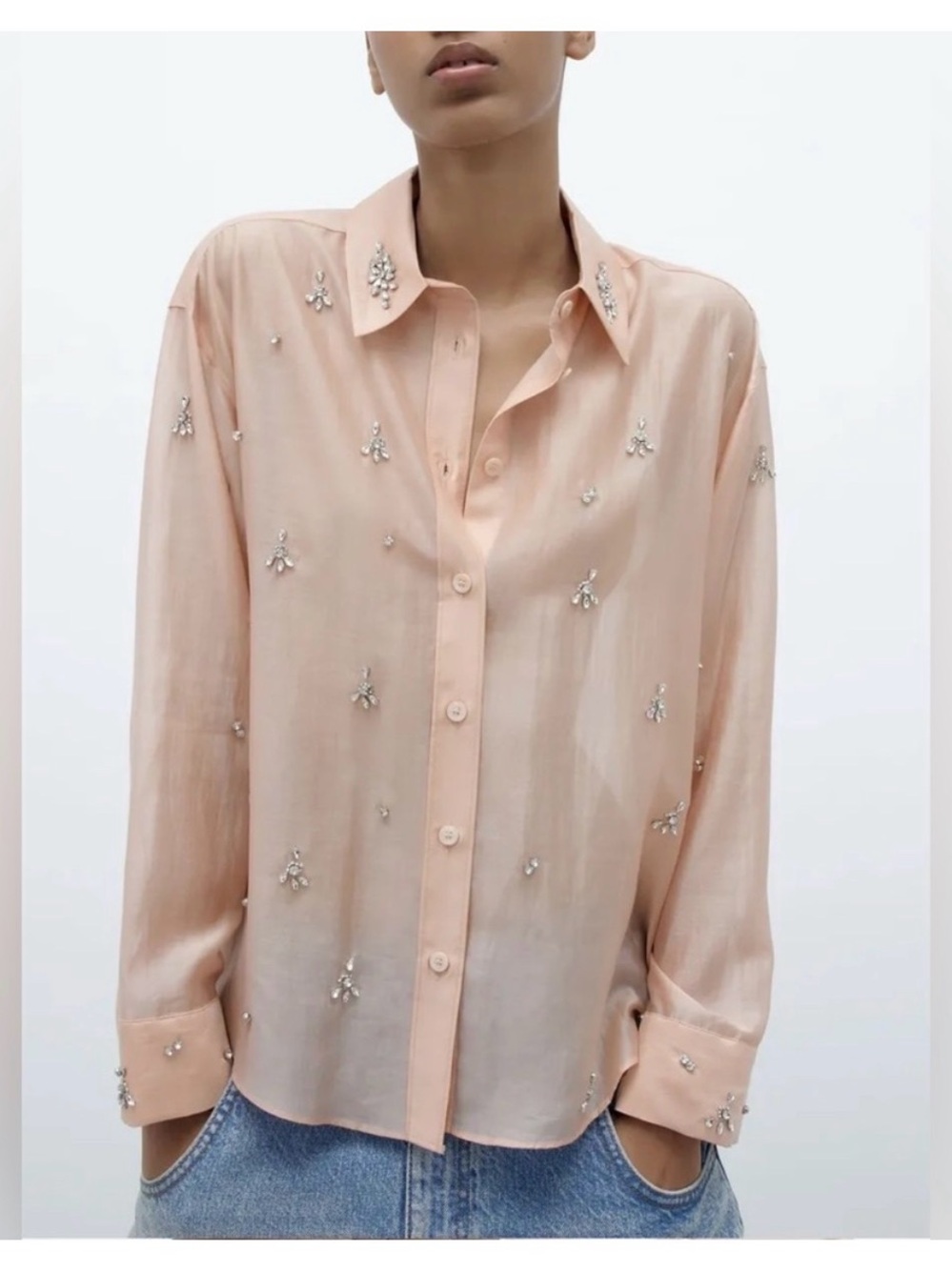 Zara Embellished Peach Pink Button-Down Shirt